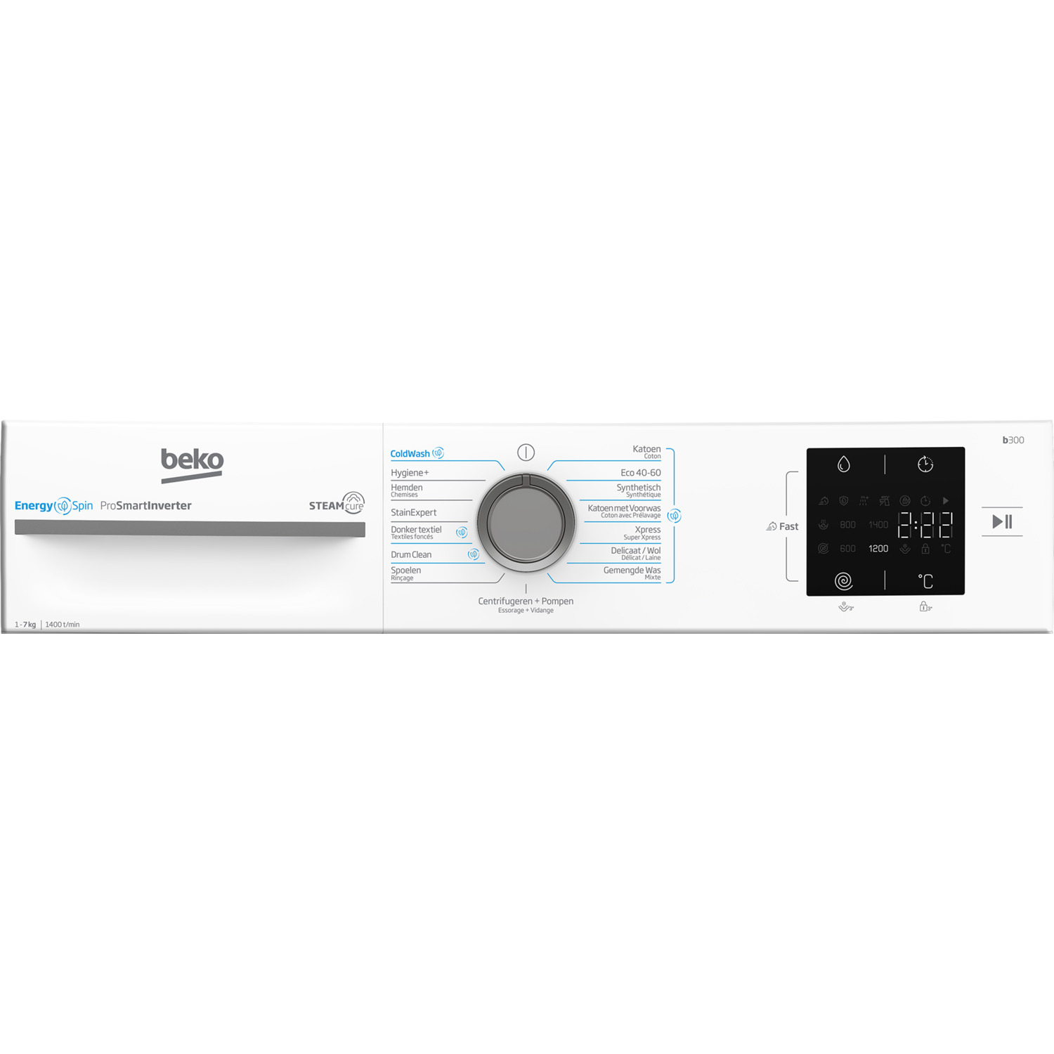 White Beko washing machine control panel with a selection dial and digital display.