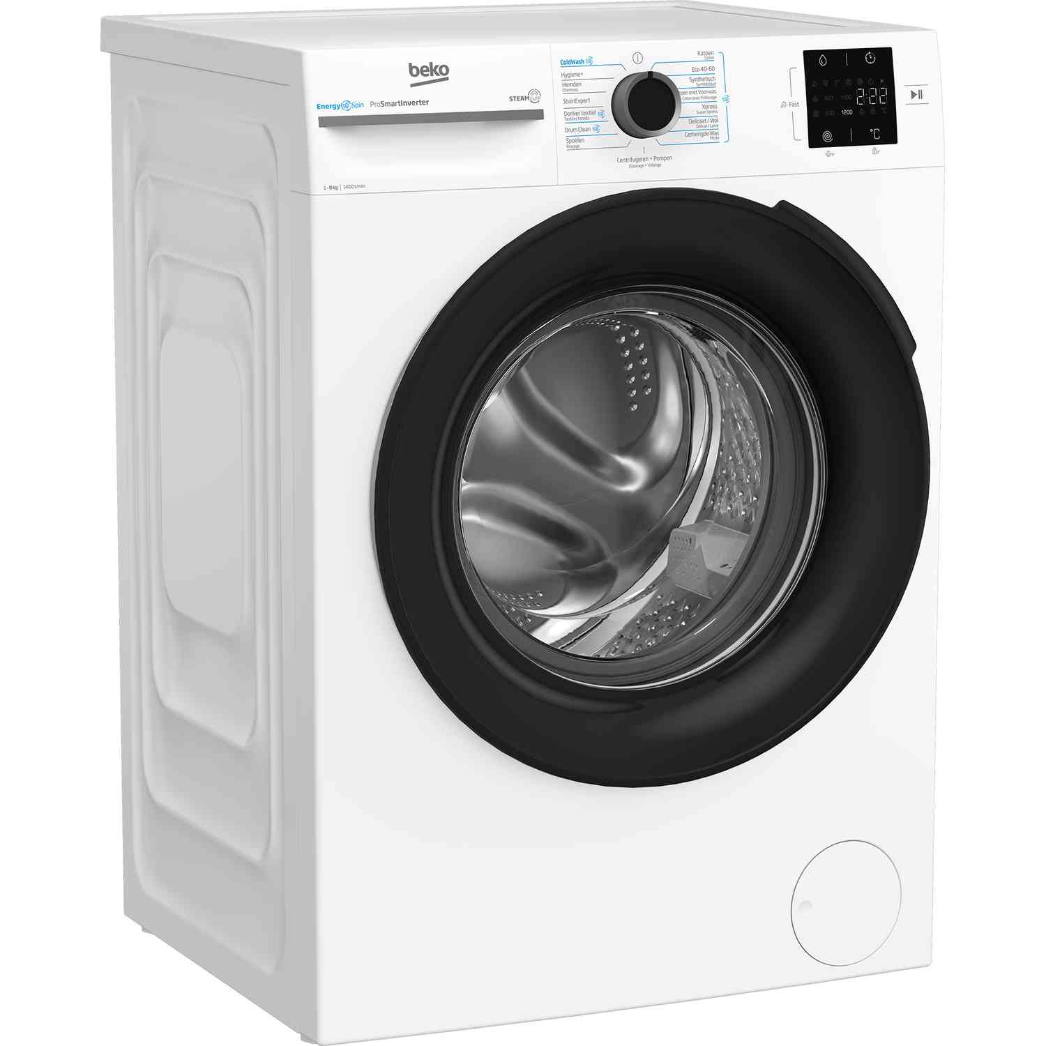 White Beko washing machine with a black door and control panel on top. The machine is in a room.