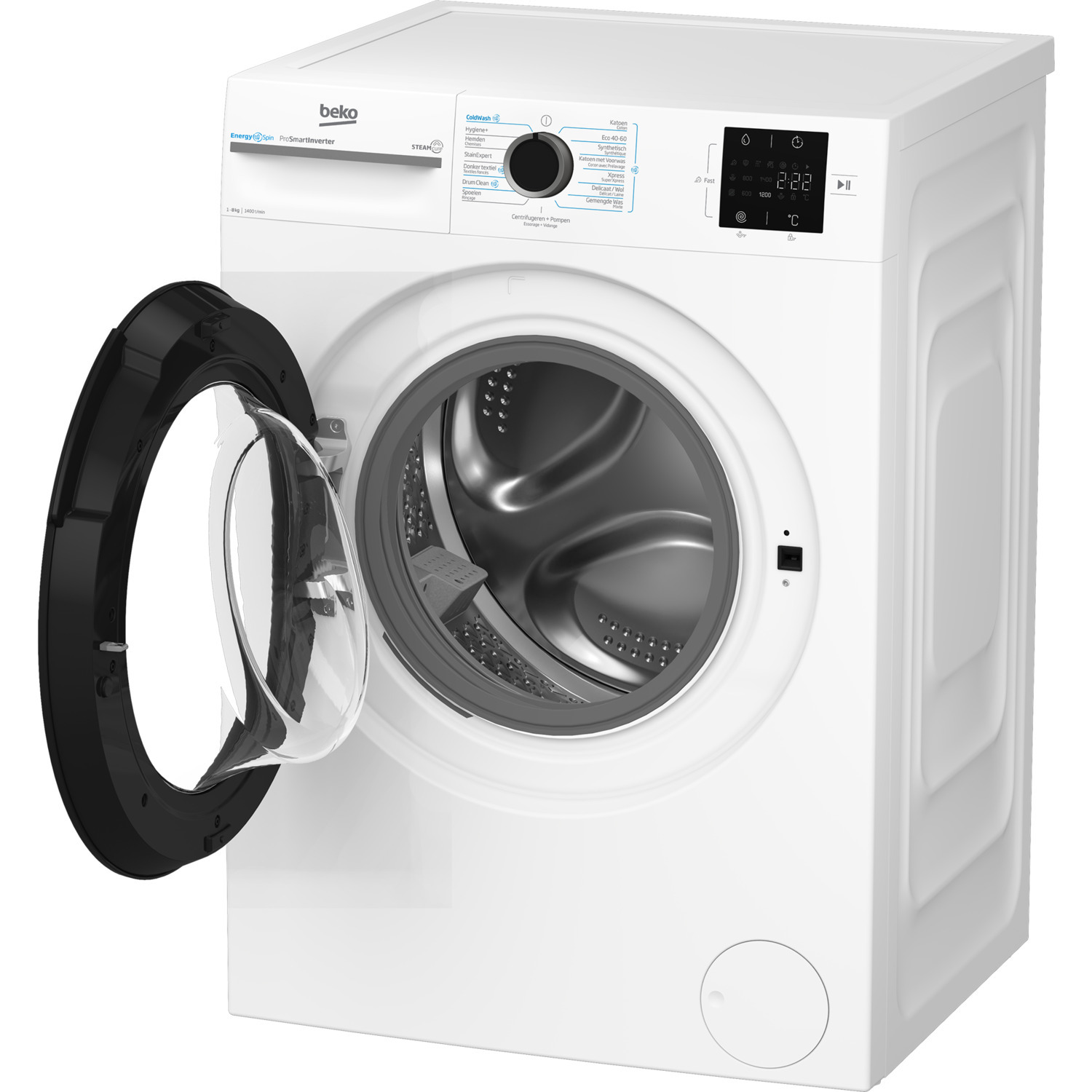 White washing machine with an open glass door, control panel, and digital display showing the time.