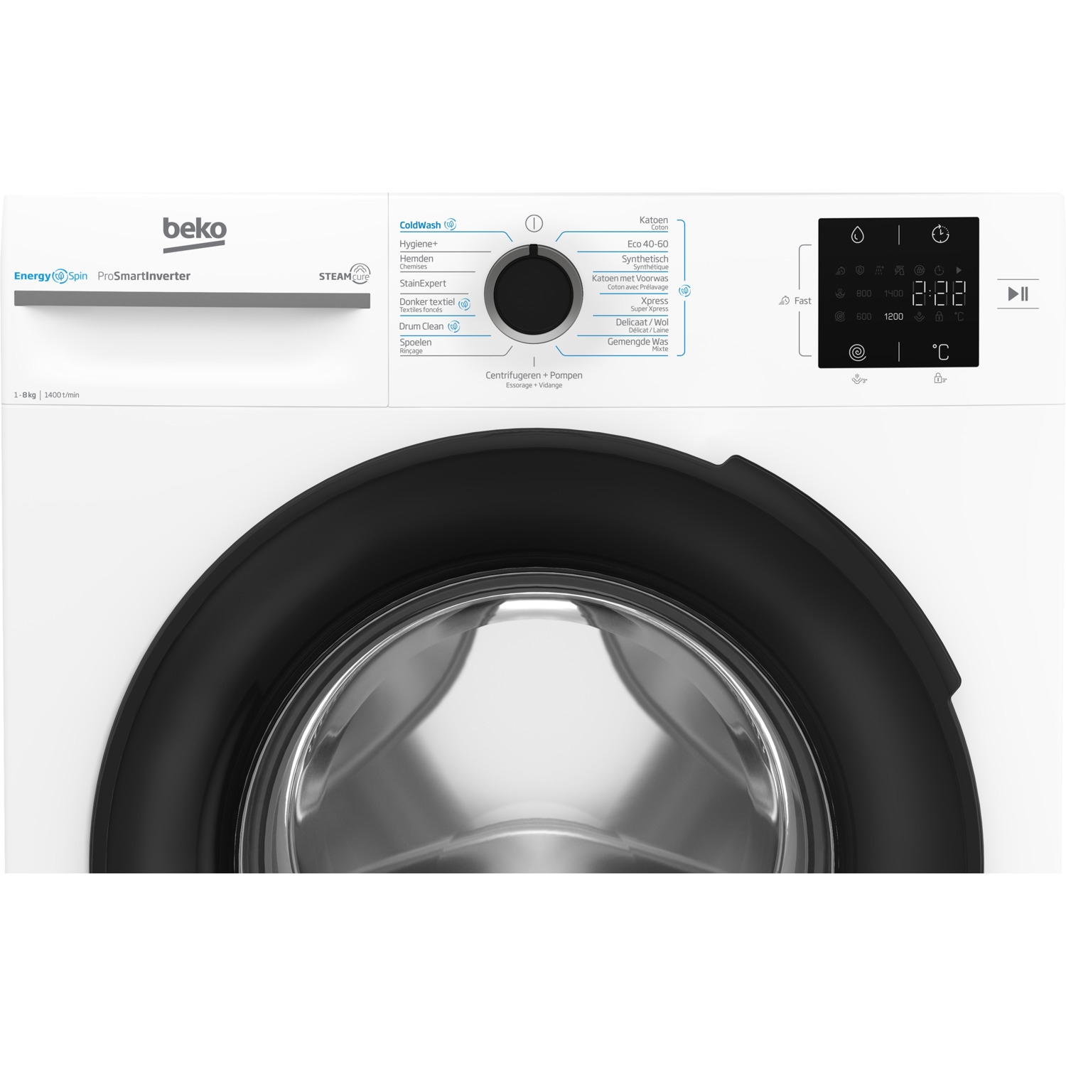 Beko washing machine front view. Control panel, black door, and various washing cycle options.