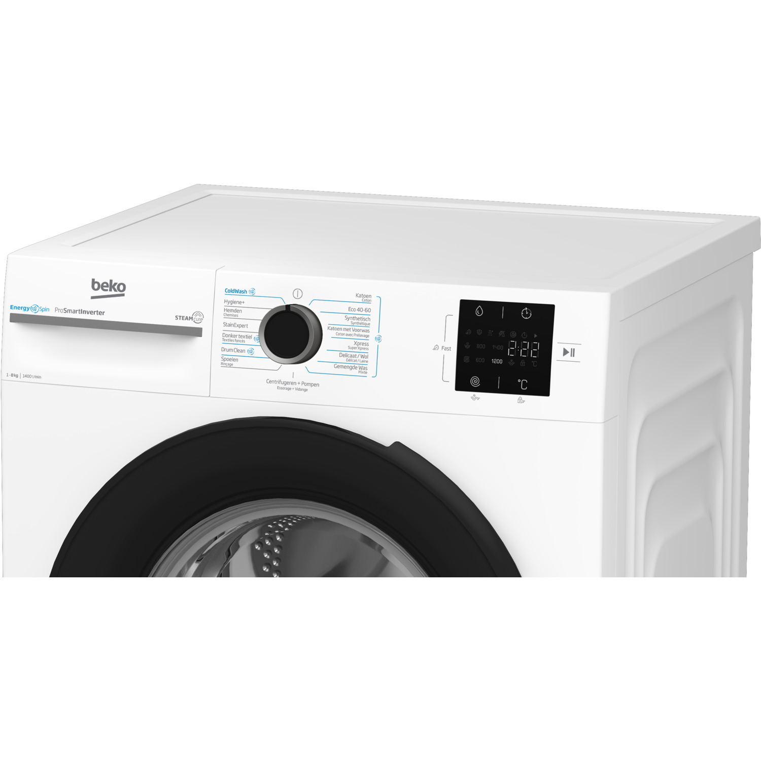 A white washing machine with a black door and a control panel. The brand name 'beko' is visible.