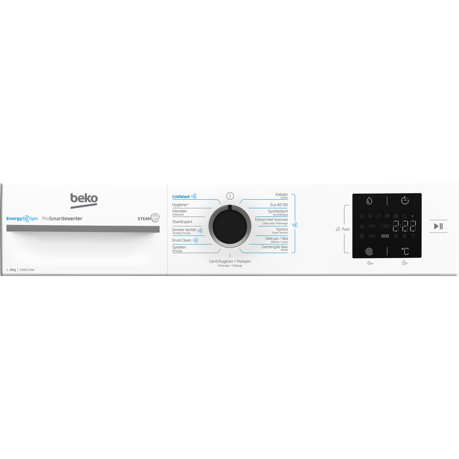 Washing machine control panel. The panel is white with a central dial and digital display on the right.