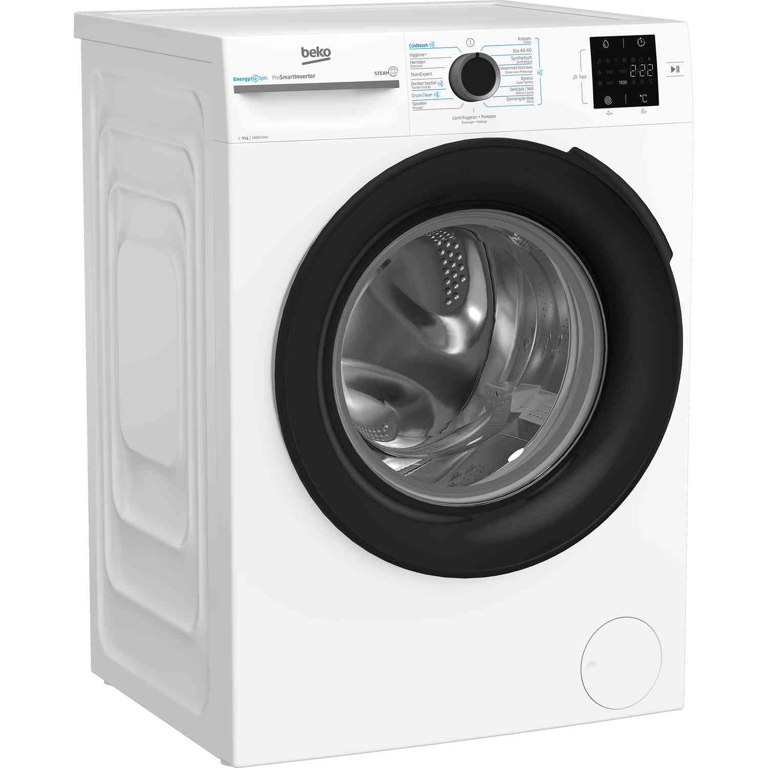 Een witte wasmachine met een zwarte deur en bedieningspaneel.