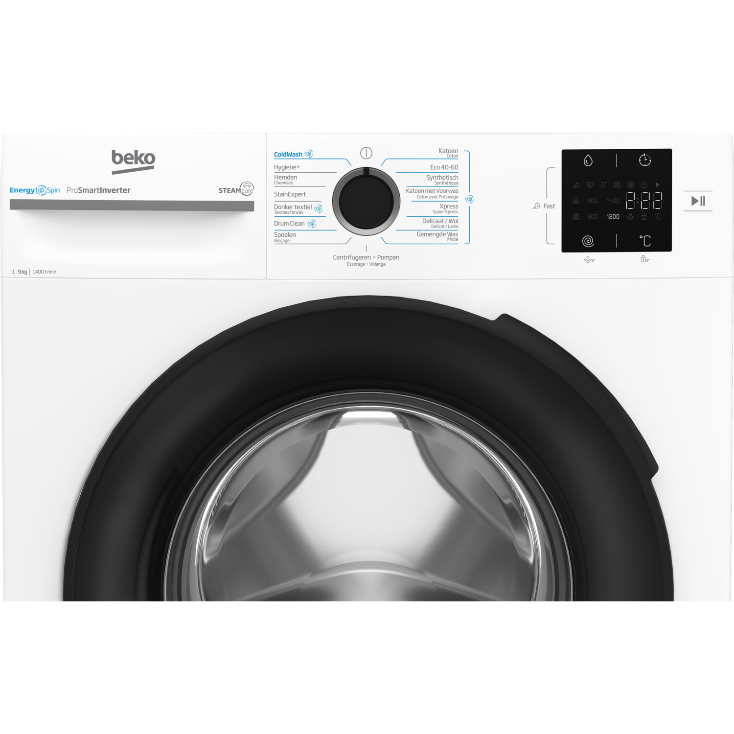 Bedieningspaneel van de wasmachine. Het toont verschillende wasprogramma's en tijdinformatie.