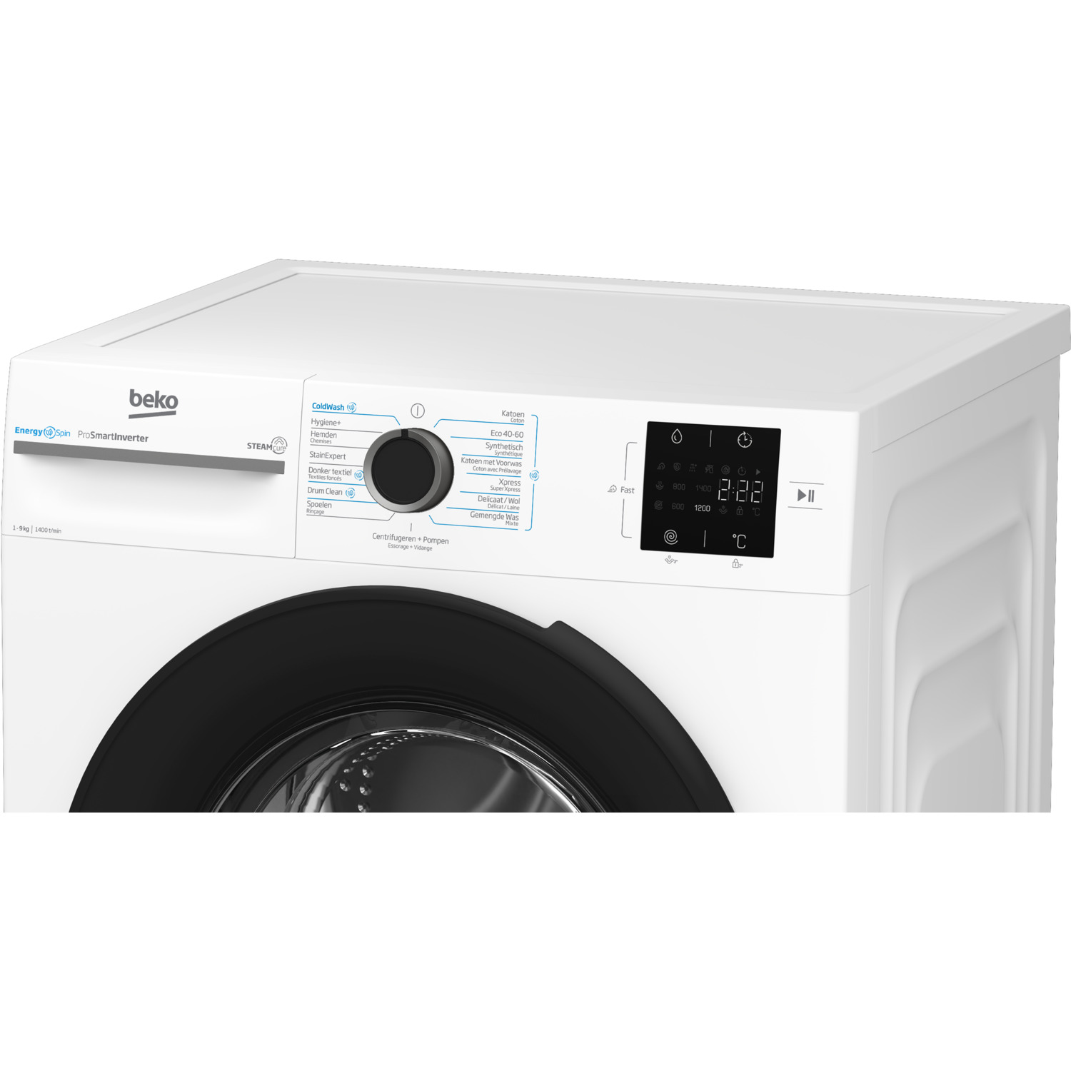 Een close-up van een witte wasmachine met een zwarte deur en bedieningspaneel.