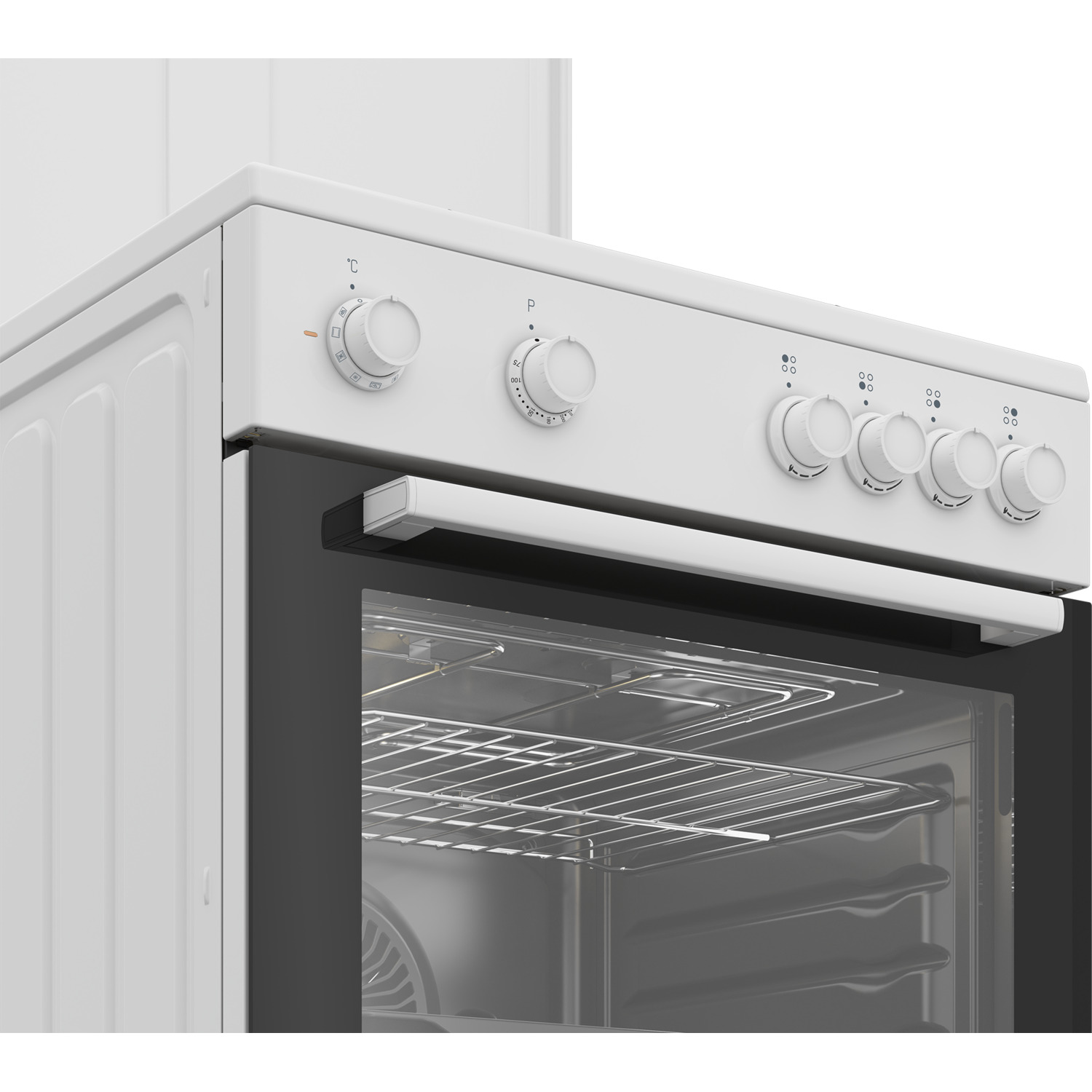 White oven with knobs and a glass door showing the inside.