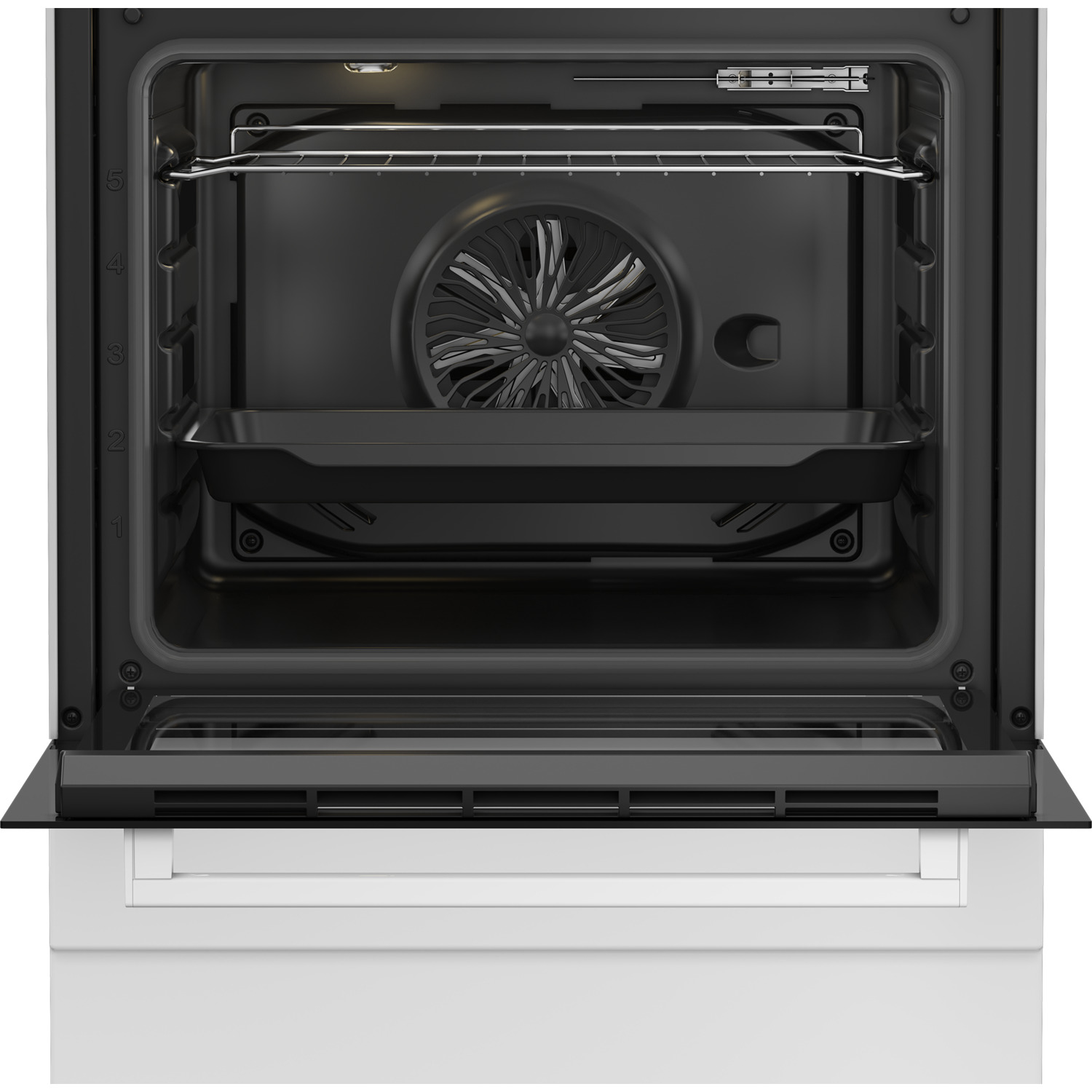 An open oven interior displaying a fan, tray and rack. Numbers 1-5 are visible on the left side.
