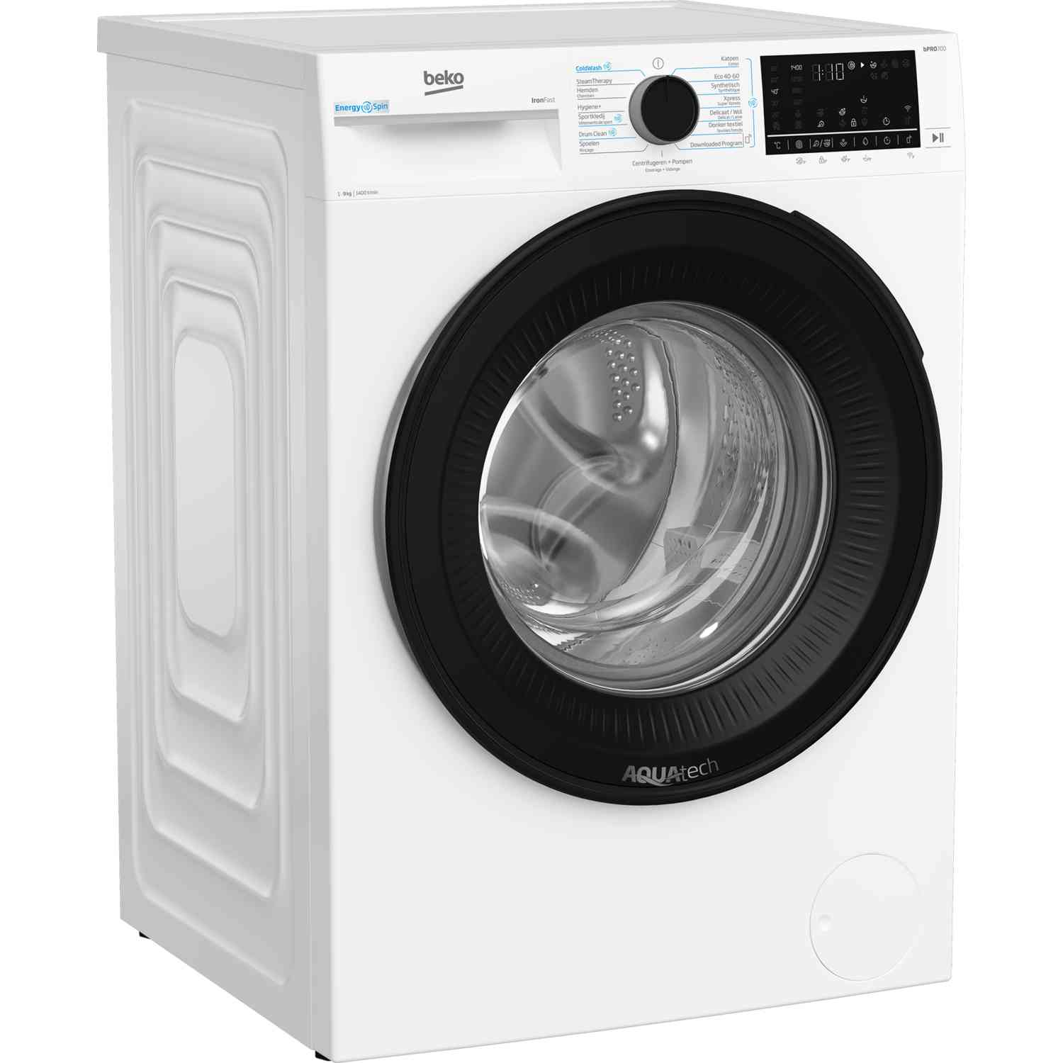 White Beko washing machine with a black door and control panel, viewed from an angle.