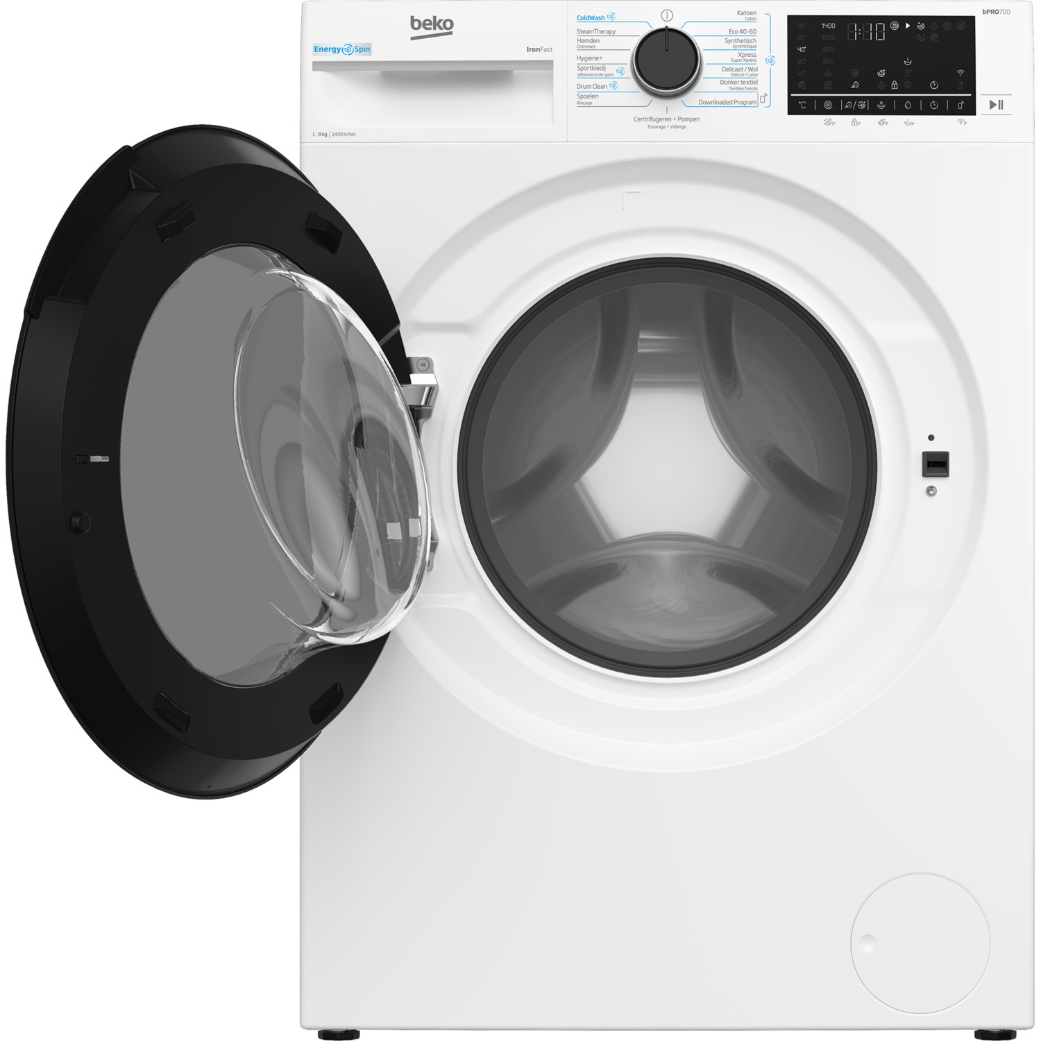 Beko washing machine with the door open. White body, black door frame, and control panel visible.