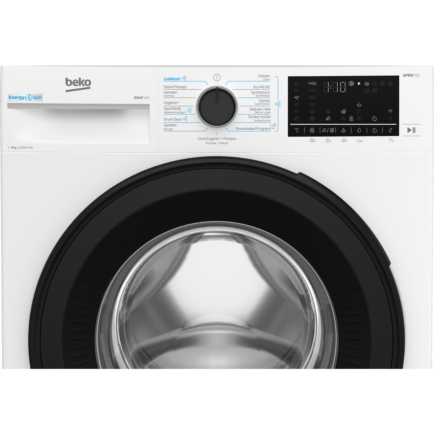 Beko washing machine with a black door and digital display.
