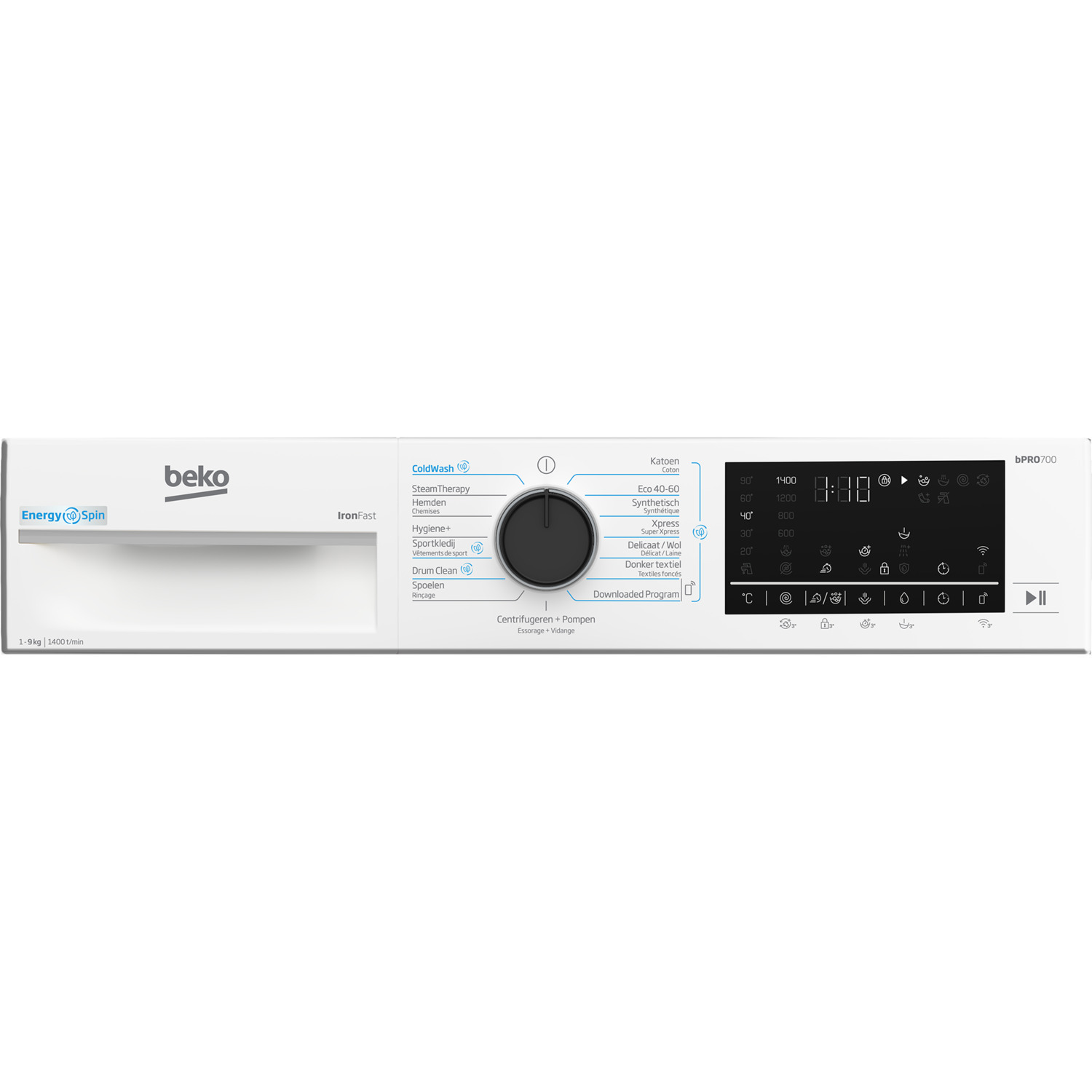 Washing machine control panel. White background. Black dial and screen with buttons and settings.