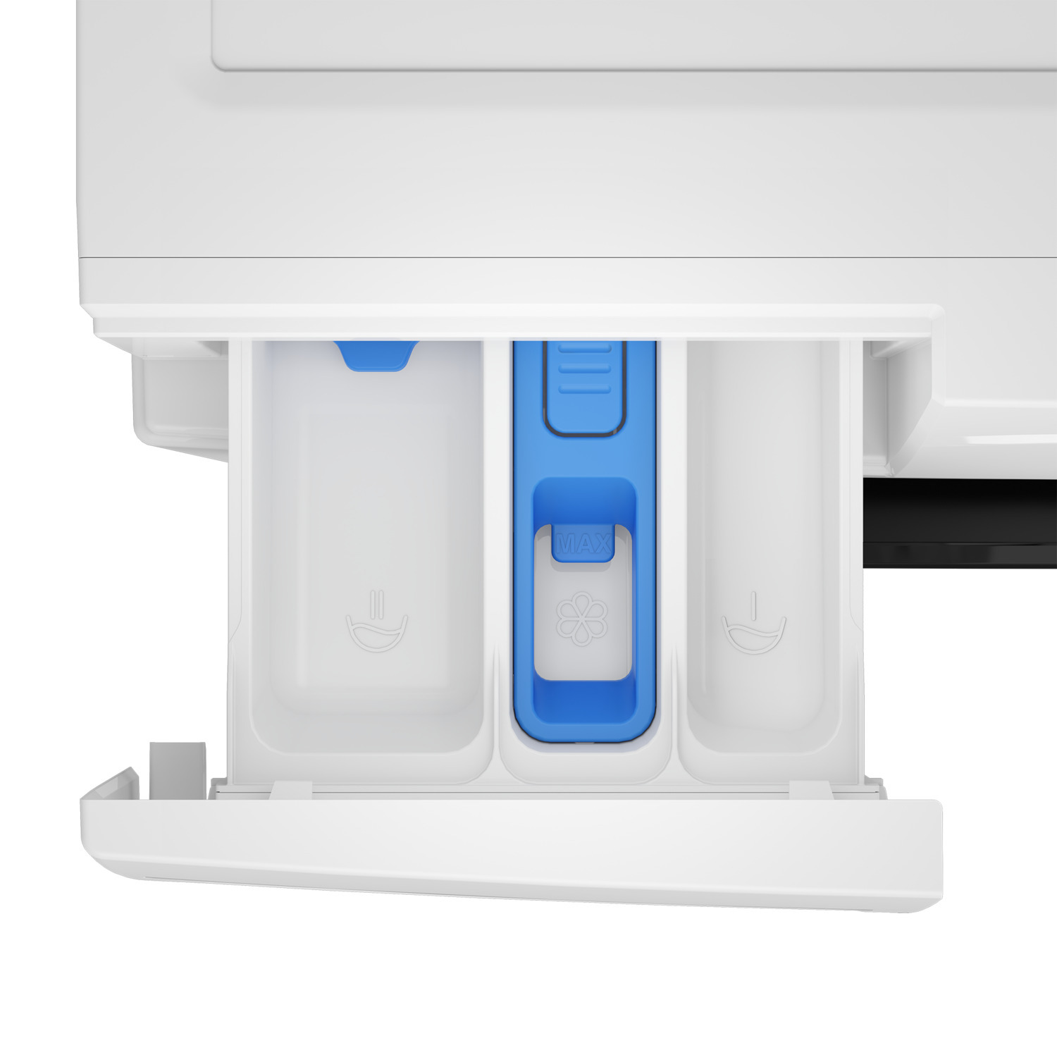 A white washing machine detergent dispenser with blue accents and compartments.