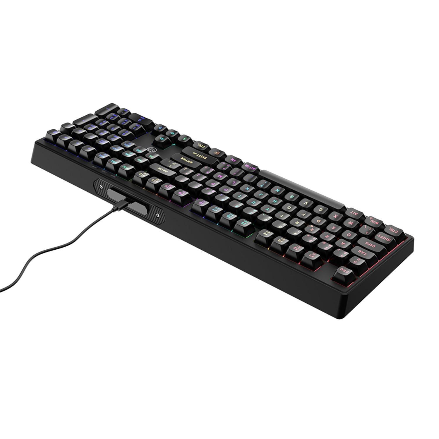 Zwart toetsenbord met RGB-verlichting. Toetsen lichten op in verschillende kleuren. Bedrade verbinding aan de linkerkant.