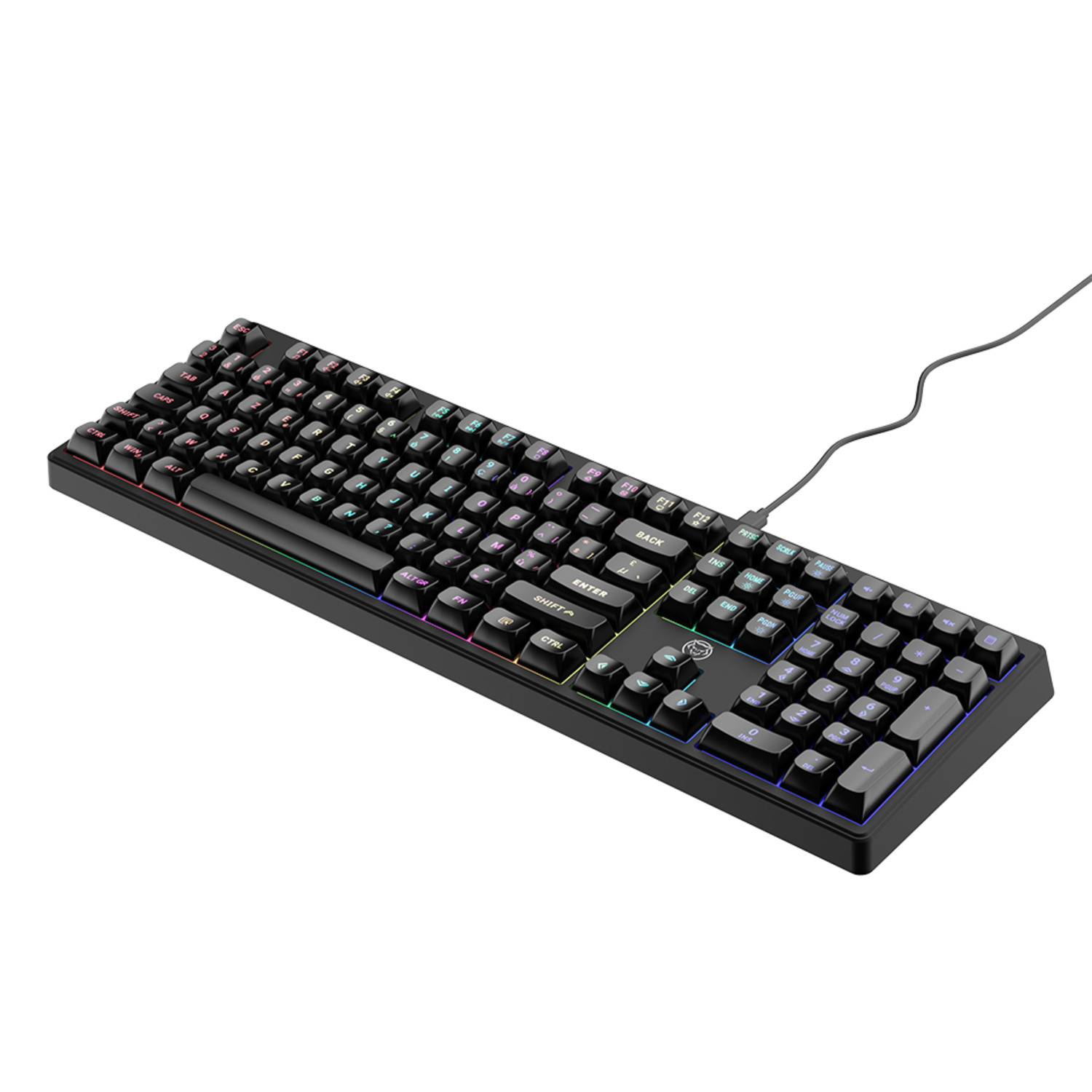 Zwart toetsenbord met RGB-verlichting. Het heeft veel toetsen en is verbonden met een kabel.