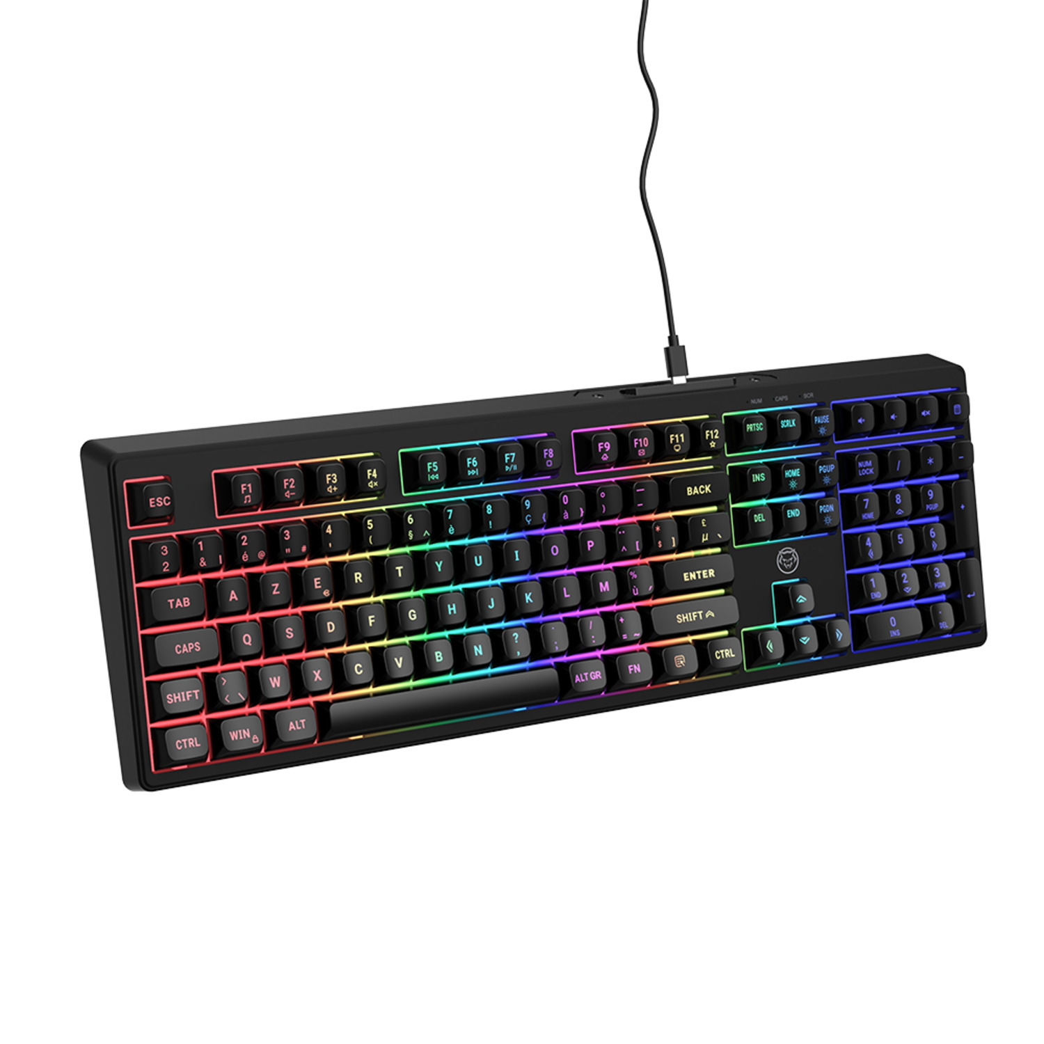 Zwart verlicht toetsenbord met regenboogverlichting. Toetsen zijn zichtbaar.