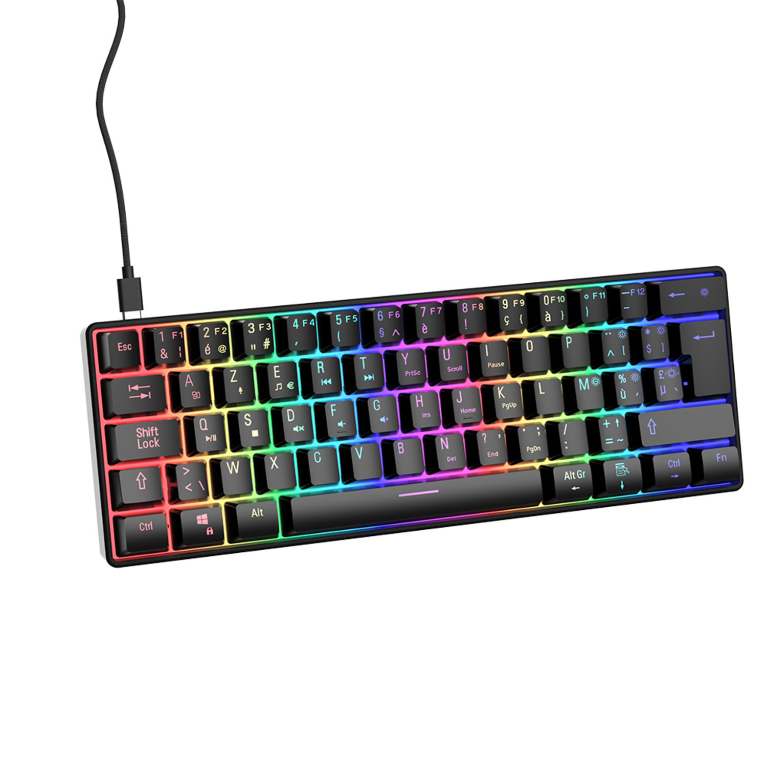 Zwart 60% toetsenbord met regenboogtoetsen. USB-kabel aangesloten.