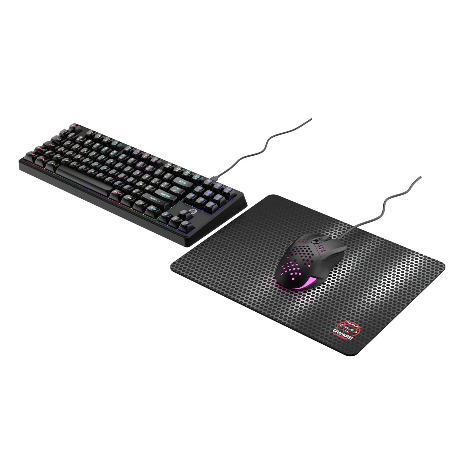 Gaming toetsenbord, muis en muismat met een honingraatpatroon.