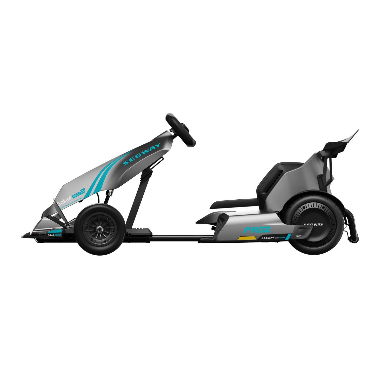 Gray Segway Gokart, black wheels, steering wheel, seat, and a spoiler.