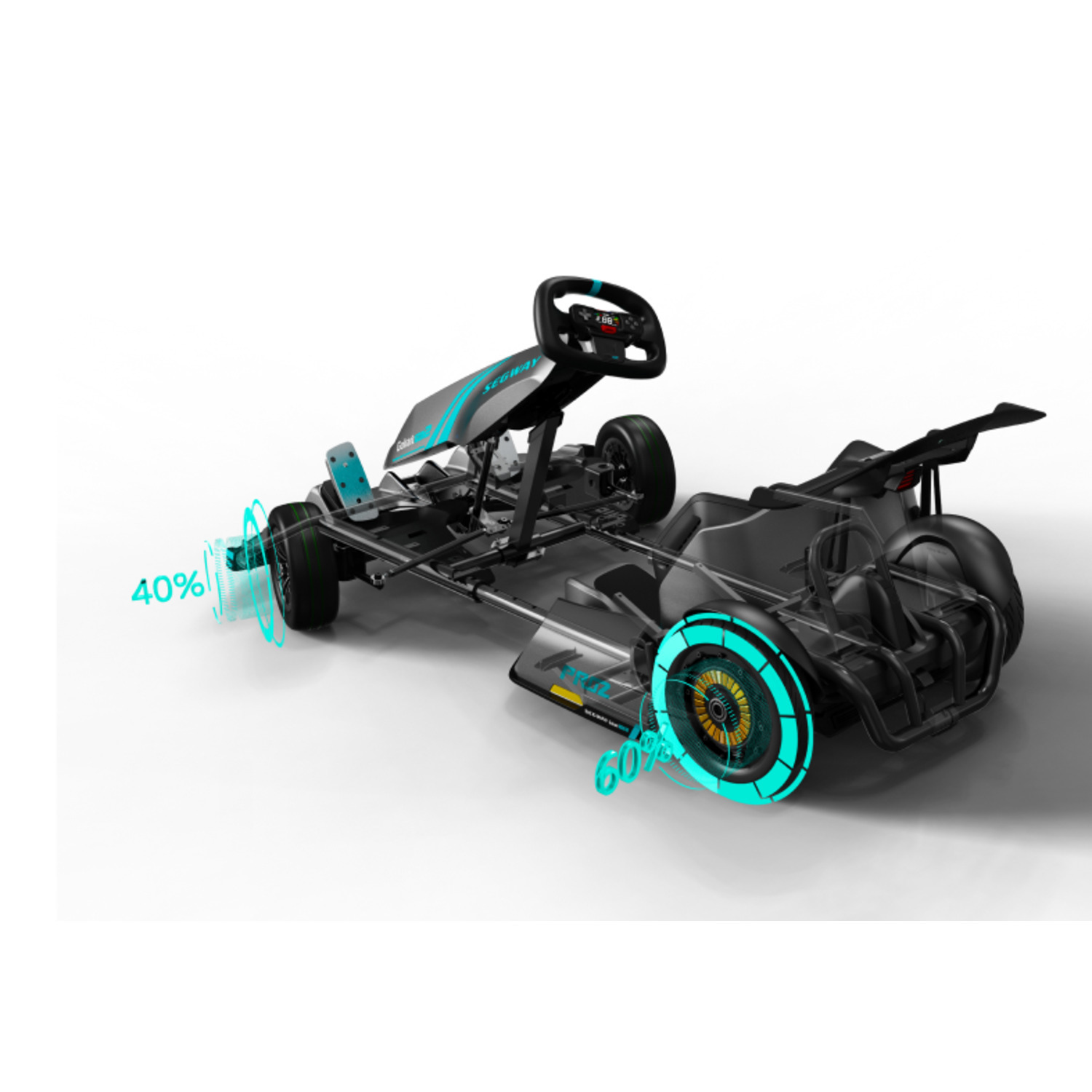 A go-kart with a Segway logo. It is black and blue, with 40% and 60% indicators.