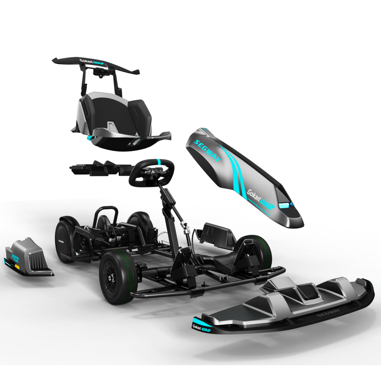 An exploded view of a black and gray go-kart, showing all its components on a white background.