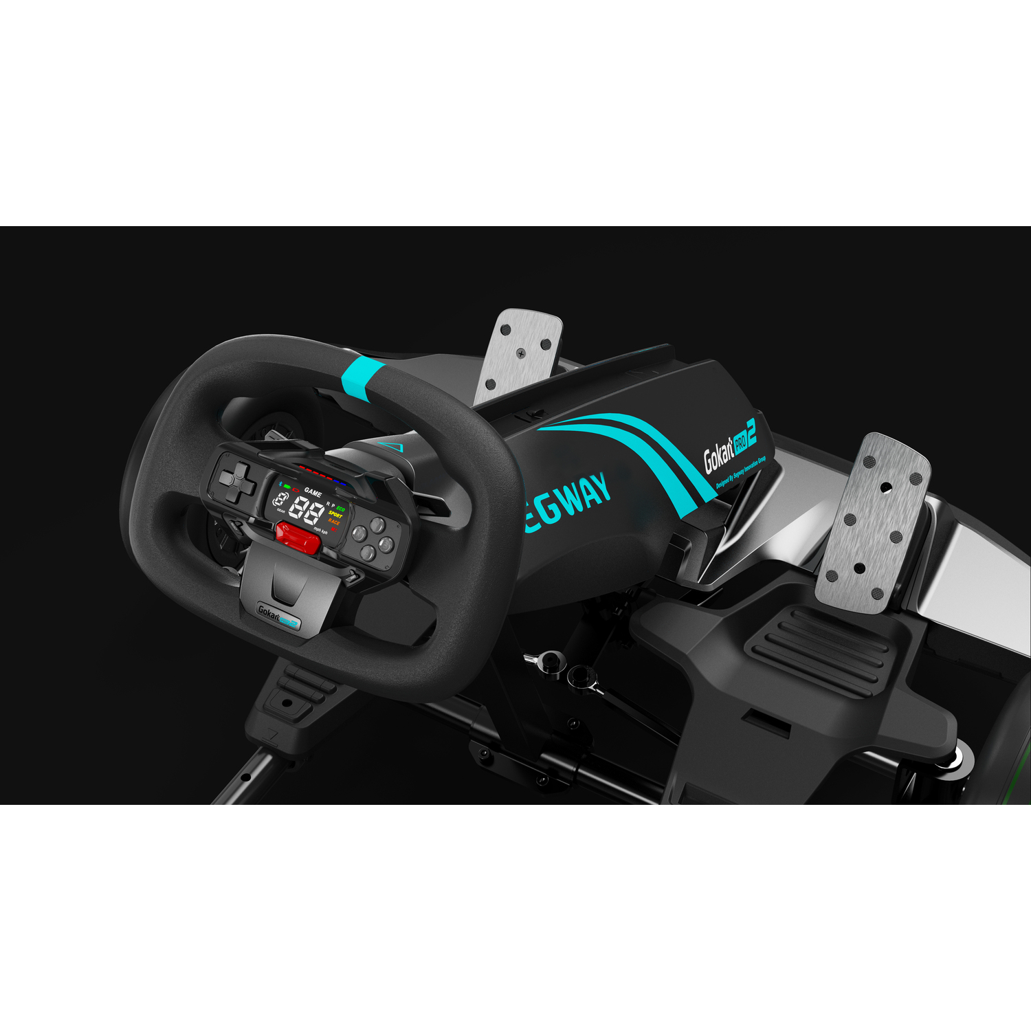Go-kart steering wheel with display and pedals, black background.