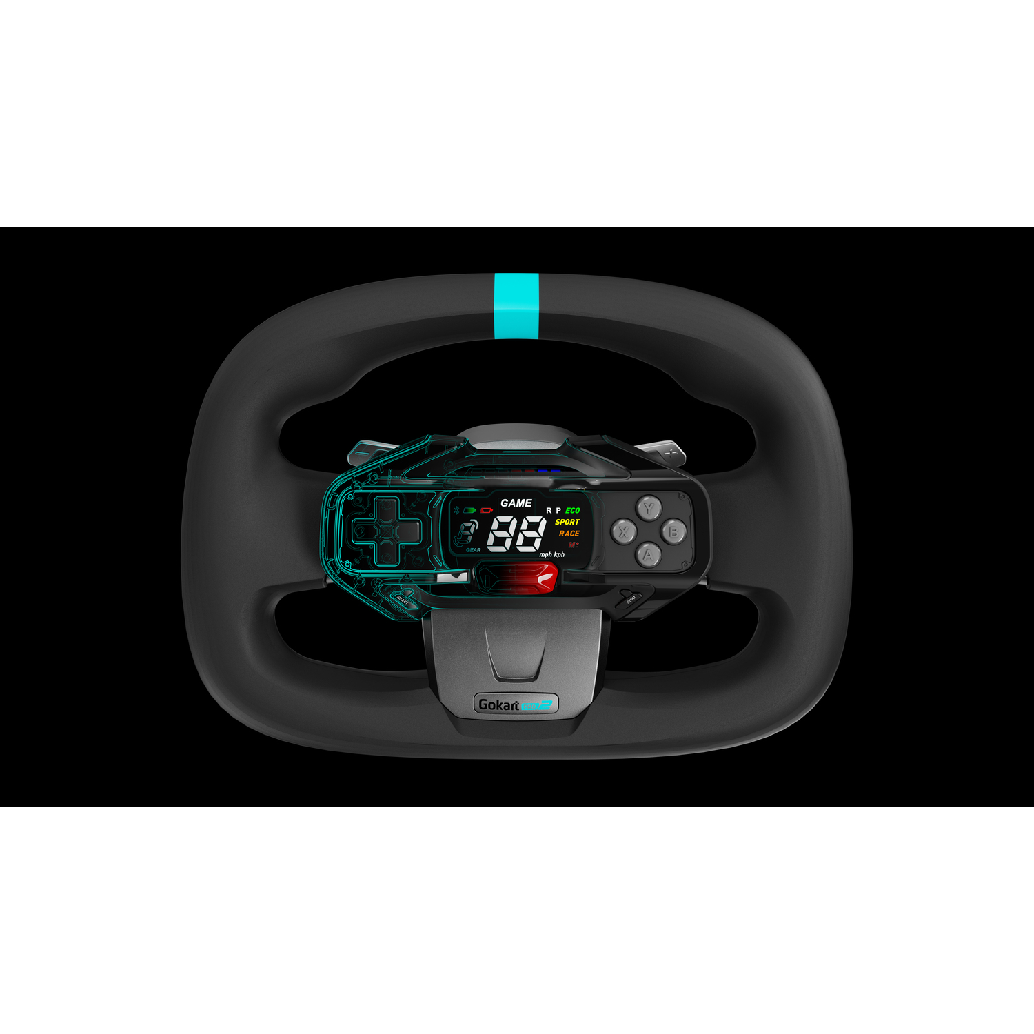 Racing wheel with display and buttons, with a black background.
