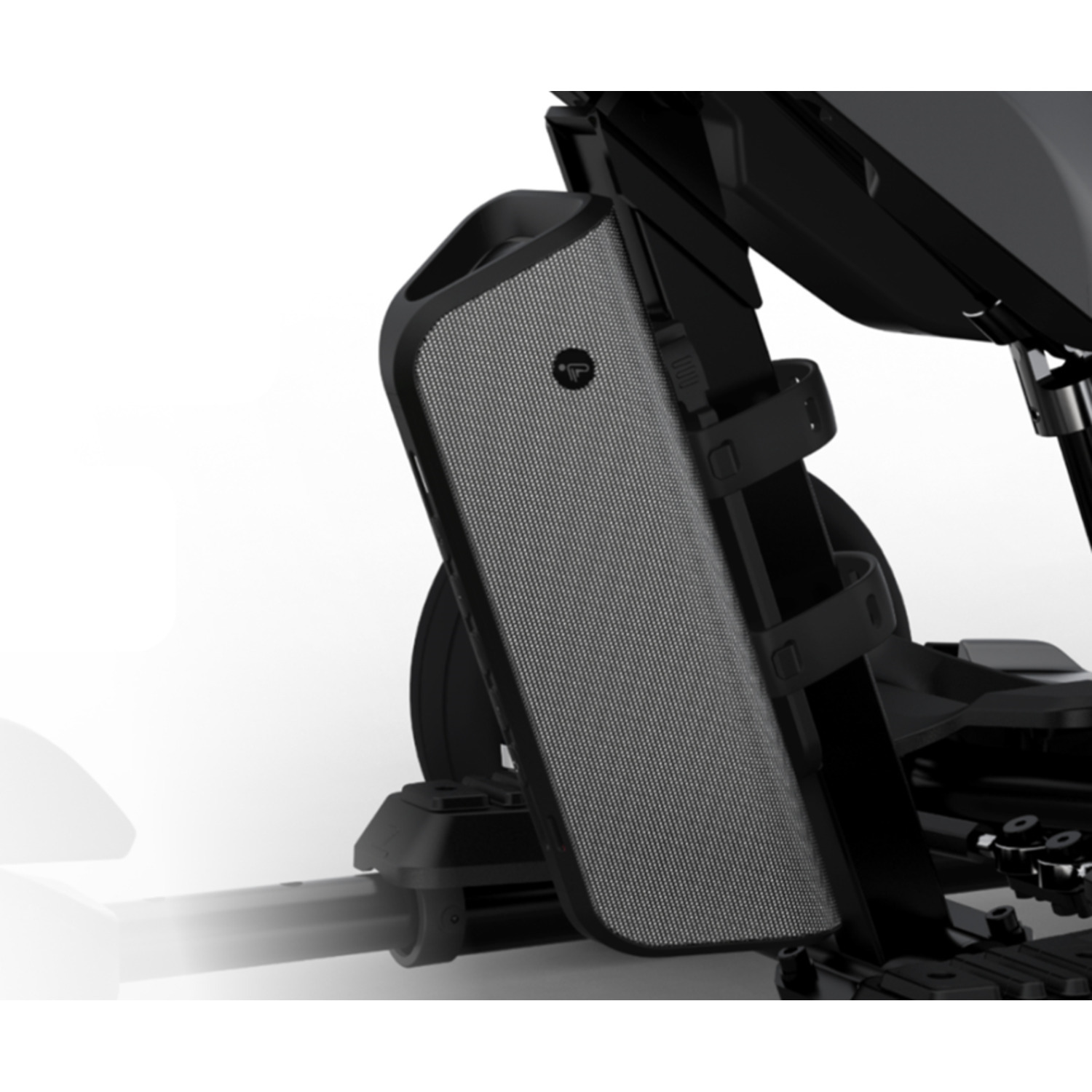 A speaker on a mobility device, a close-up of the speaker with mesh cover.