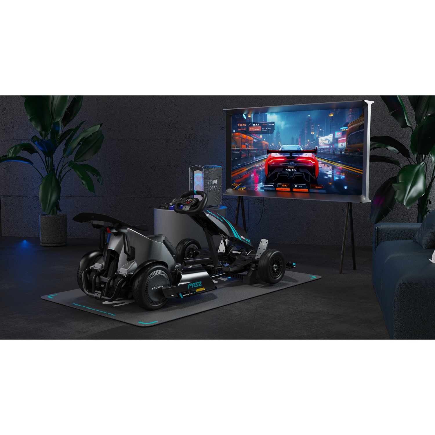 Racing simulator setup: karting rig, screen showing game, black and gray.