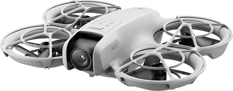 Un drone blanc avec quatre rotors et une caméra. Il a un design arrondi et est étiqueté 'NEO'.