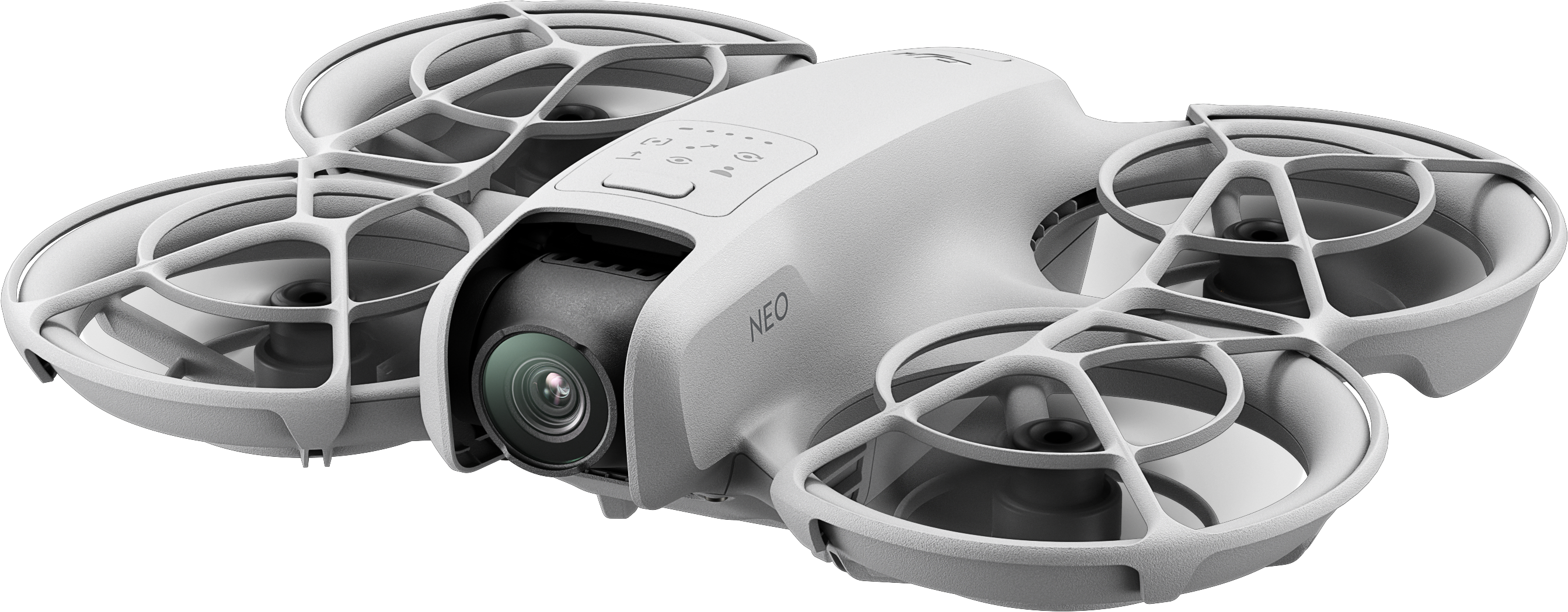 Drone blanc avec quatre hélices et une caméra, sur fond transparent.
