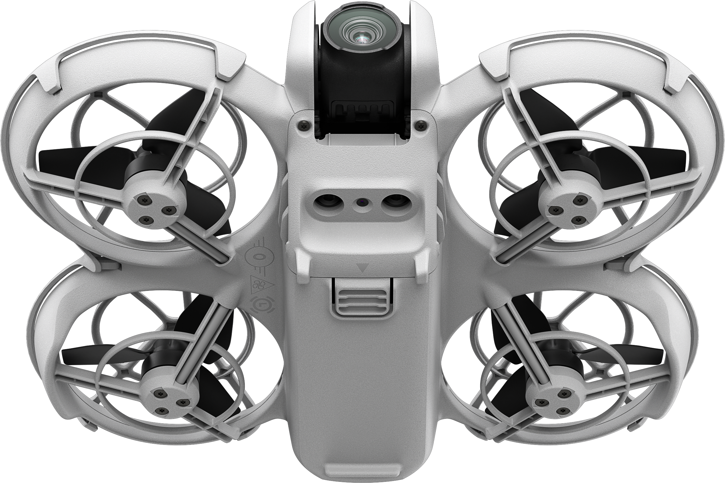 Drone blanc avec quatre hélices et une caméra en haut. Fond noir.