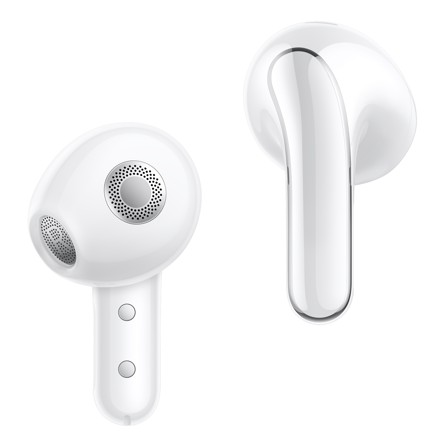 Un par de auriculares inalámbricos blancos, con un diseño distintivo, sobre un fondo negro.