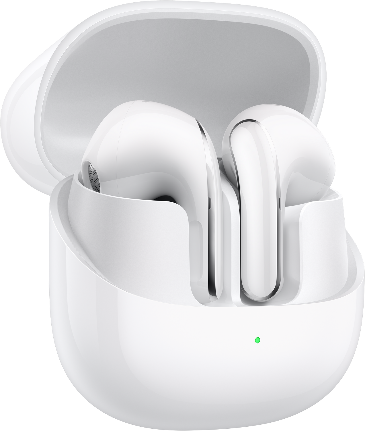 Auriculares blancos en un estuche de carga blanco. El estuche está abierto, con una luz verde visible.