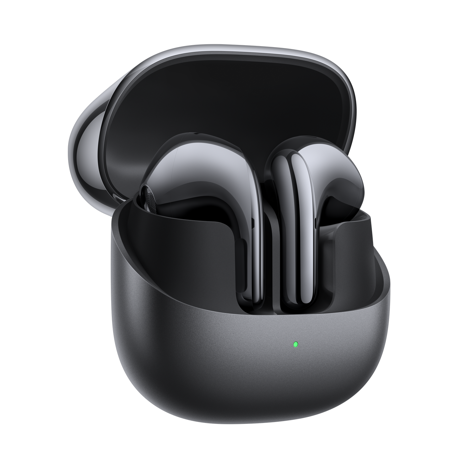Auriculares en un estuche de carga. El estuche es gris oscuro y abierto. Auriculares negros, fondo negro.