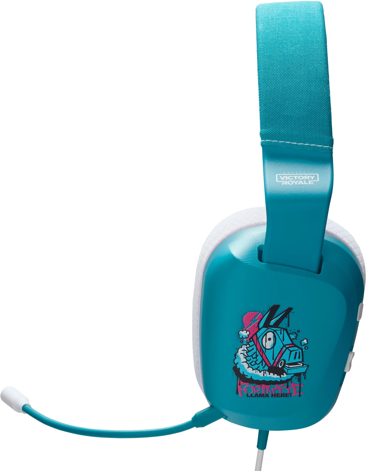 Türkis-weißes Gaming-Headset mit Fortnite-Design auf der Seite.
