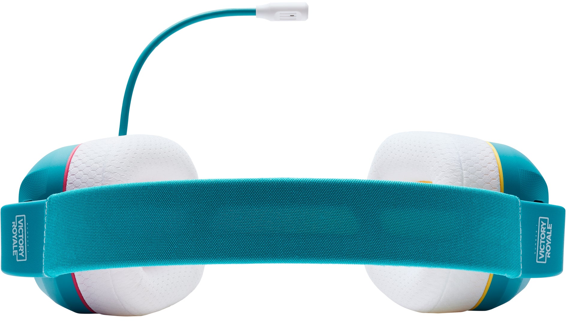 Weißes und türkisfarbenes Gaming-Headset mit flexiblem Mikrofon, weißer Hintergrund.