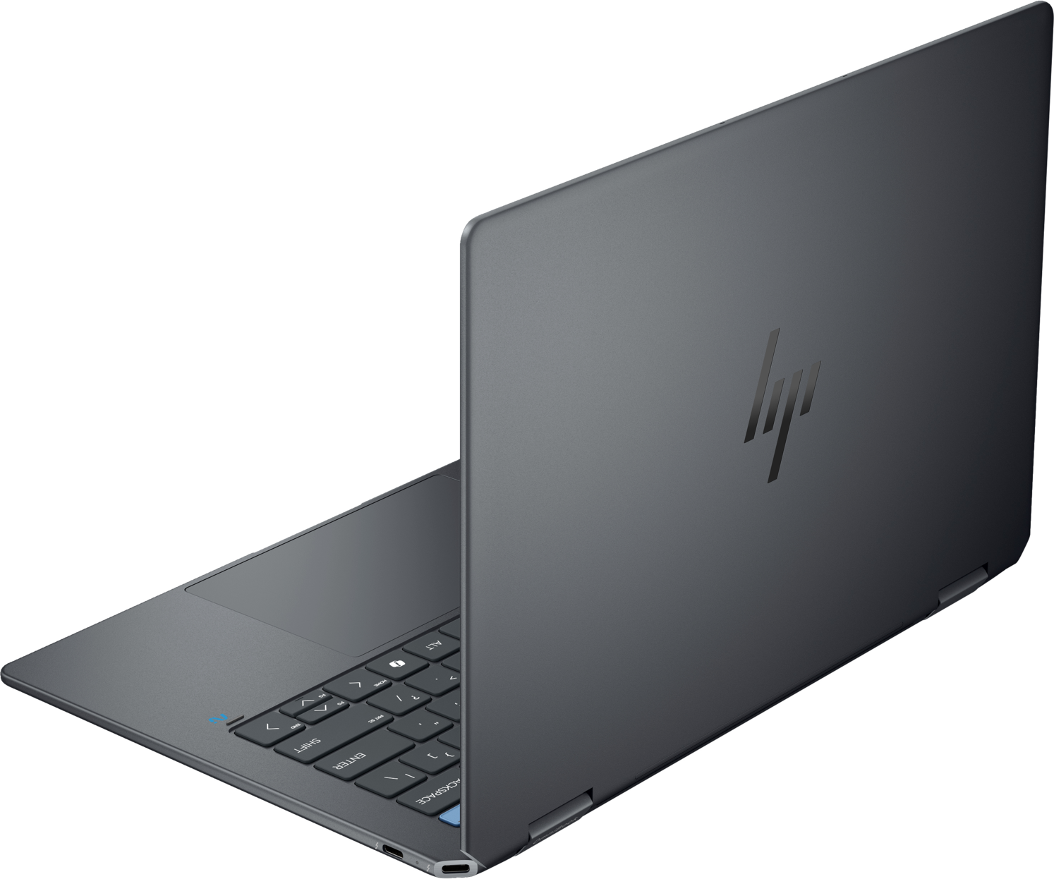 Ein dunkelgrauer Laptop, bei dem die Tastatur sichtbar ist und die Rückseite des Bildschirms zum Betrachter zeigt.