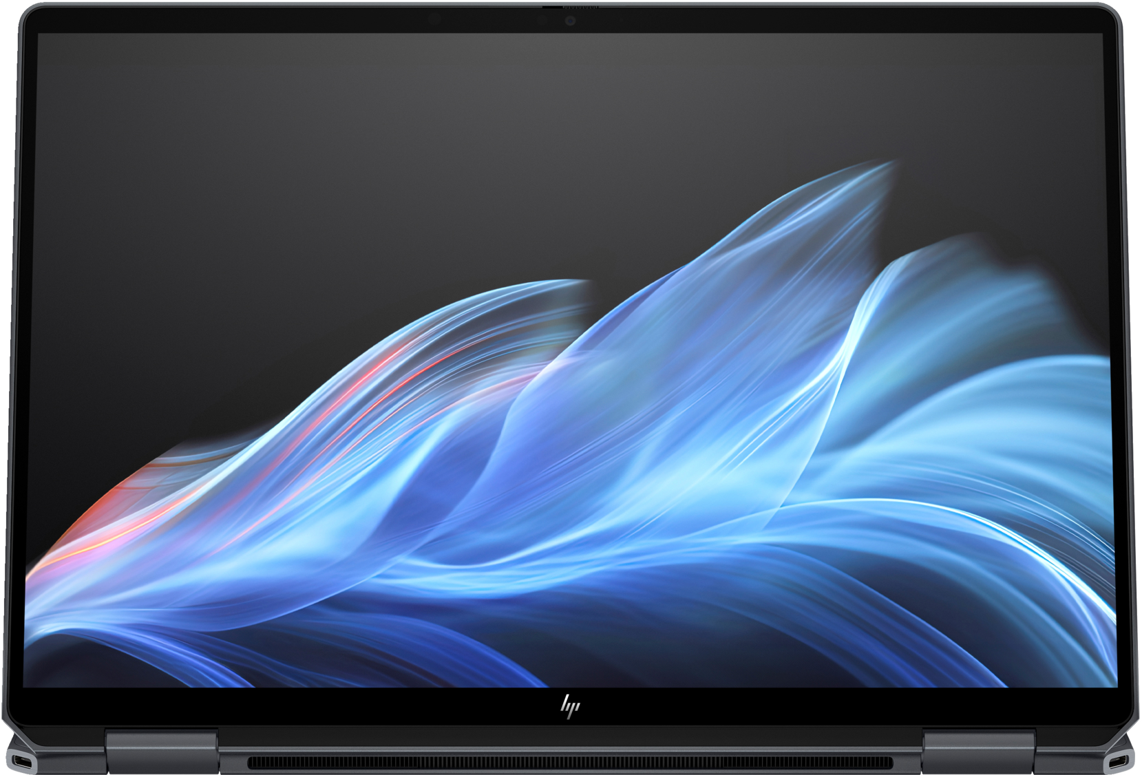 Ein Laptop-Bildschirm zeigt ein dynamisches, abstraktes blau-weißes Design.