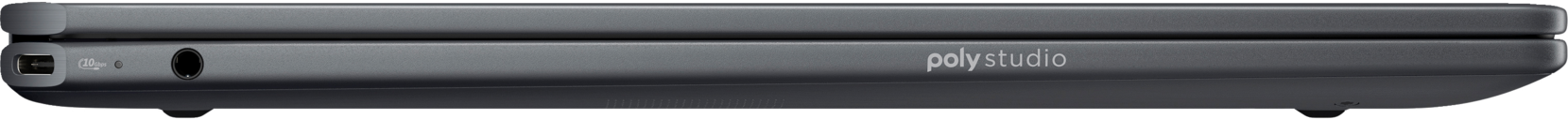 Seitenansicht eines dunkelgrauen geschlossenen Laptops. Das Wort 'polystudio' ist sichtbar.