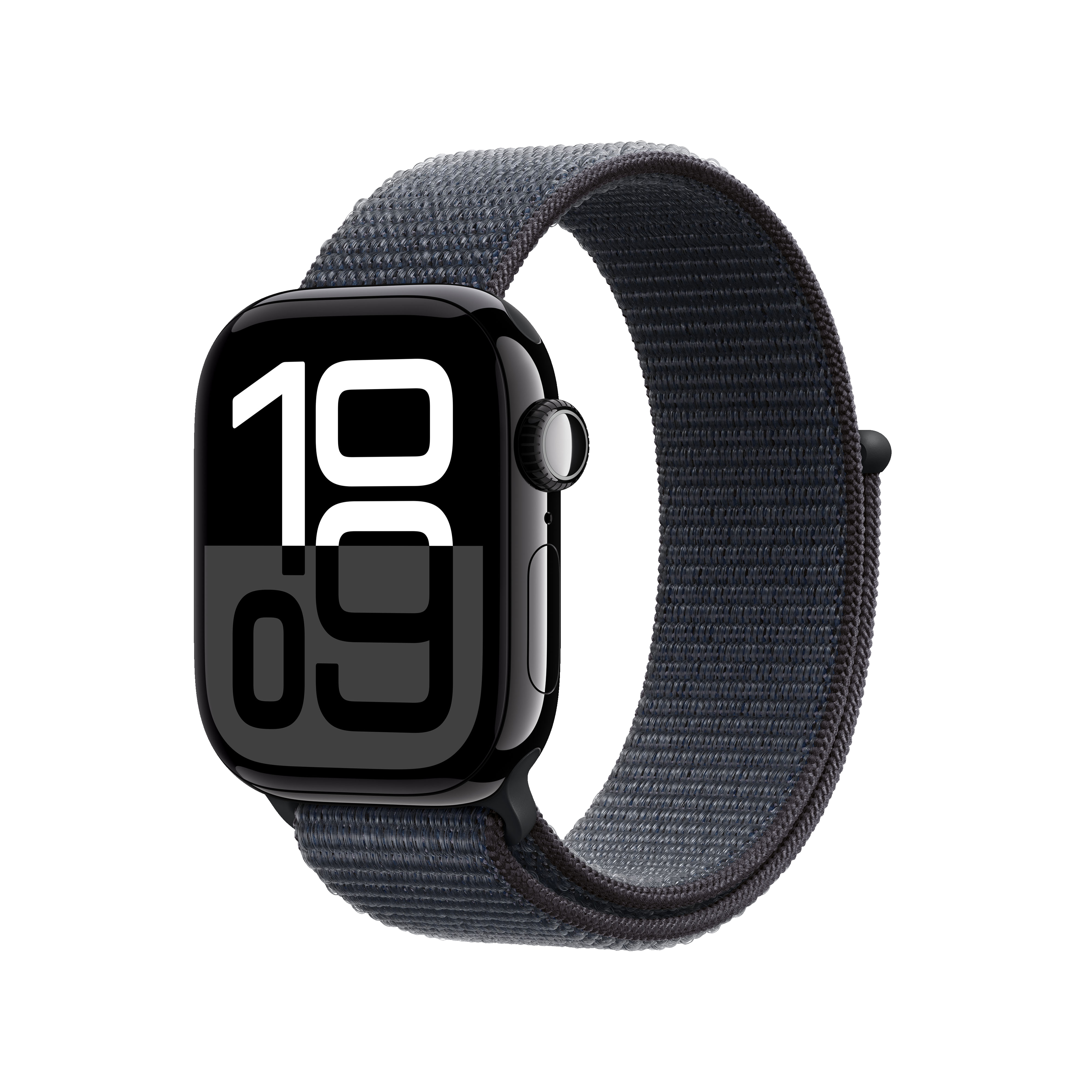 Apple Watch negra con correa de tela gris oscuro. El reloj muestra la hora 19:09.