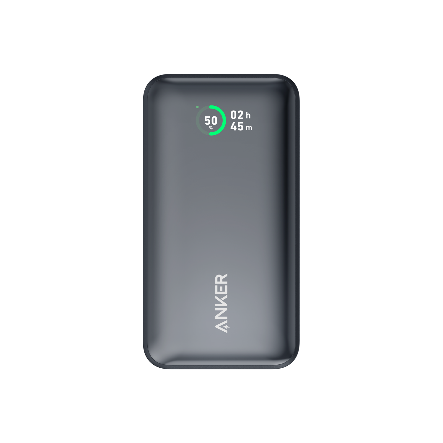 A dark gray Anker power bank, with a display showing 50% charge and 2 hours 45 mins remaining.