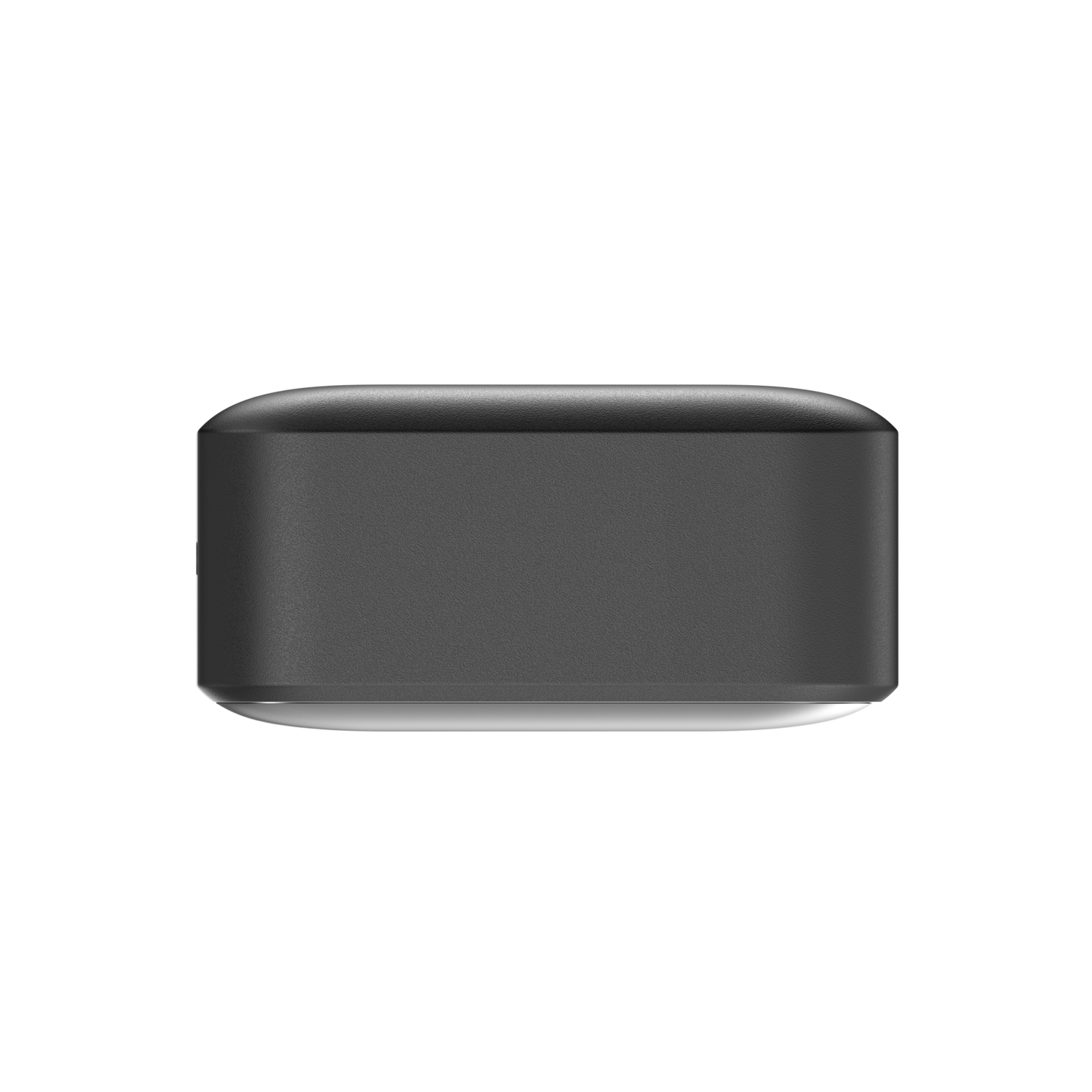 Dark grey rectangular device, top view. Silver edging and bottom. White background.