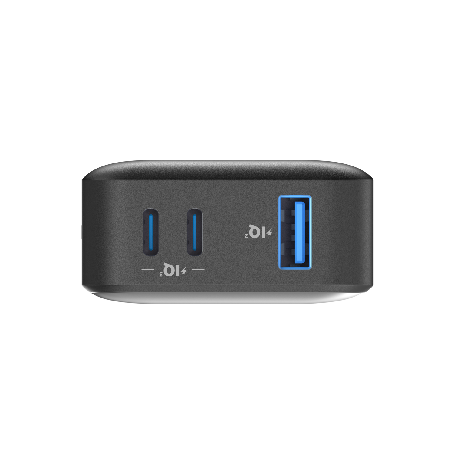 A black power adapter with two USB ports and two outlets.