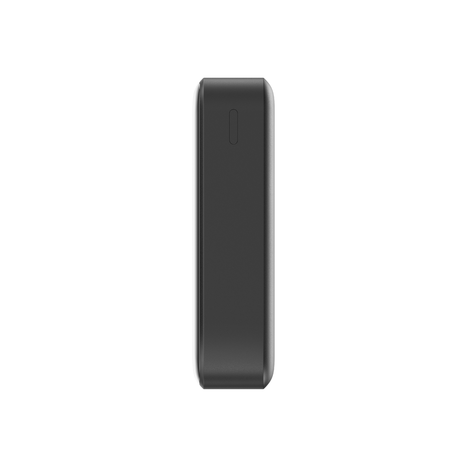 Black device, rectangular with a slight curve. It has a single button on the side.