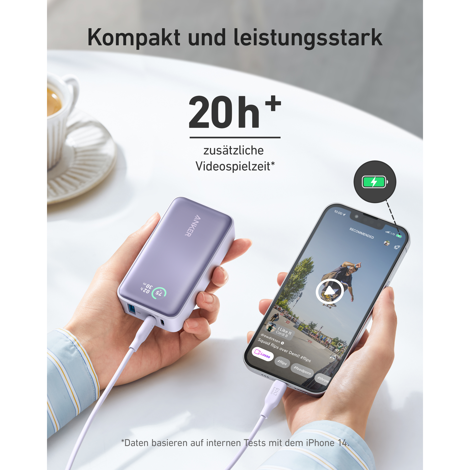 Hands holding power bank and phone with video. Text: 20h+ additional playtime.