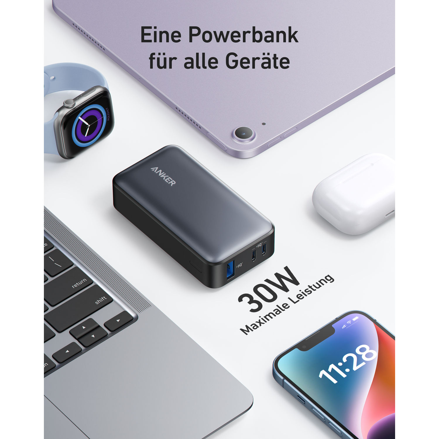 Anker power bank, with Apple Watch, iPad, iPhone, and laptop. White background.