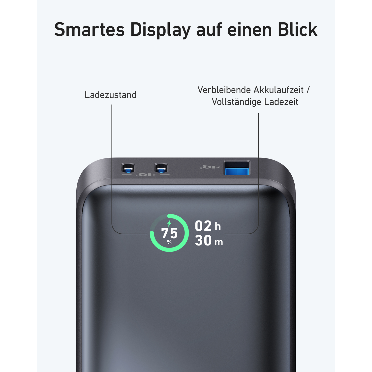 A power bank with a display showing the battery level and estimated charging time.