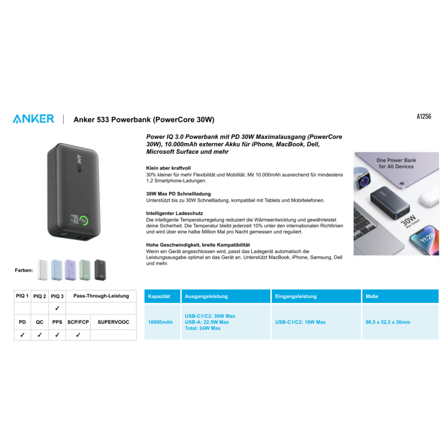 Anker 533 Powerbank product photo, black powerbank on a white background. Includes features and specifications.