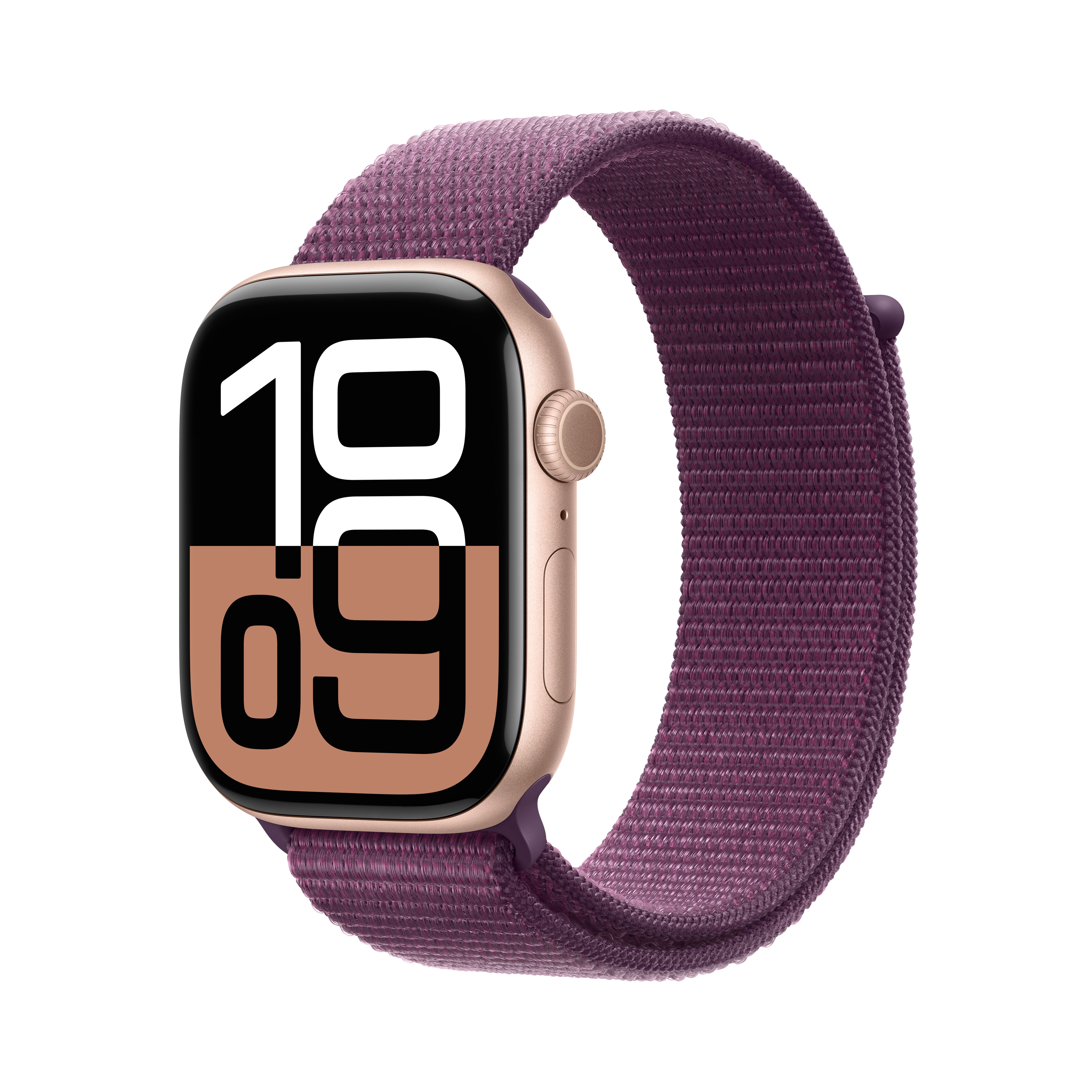 Apple Watch con caja dorada y correa deportiva morada. El reloj muestra la hora 19:09.
