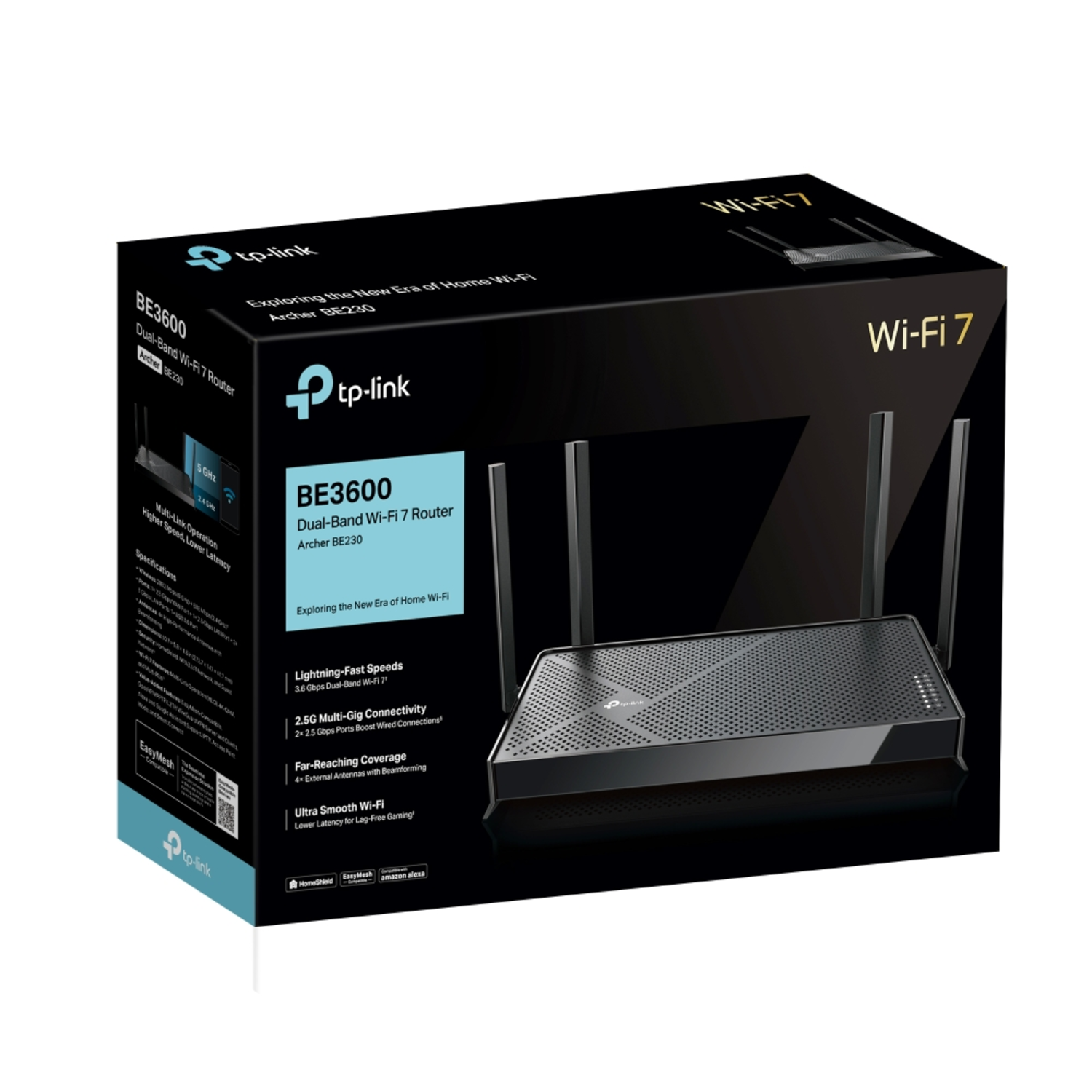 Black box of a TP-Link BE3600 dual-band Wi-Fi 7 router, with product details and Wi-Fi 7 logo.